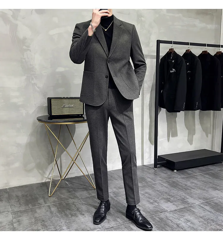 Men's Two-Piece Woolen Casual Suit Set - Korean & British Style Slim Fit for Spring/Autumn showcase 10