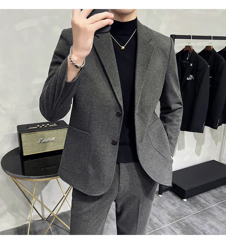 Men's Two-Piece Woolen Casual Suit Set - Korean & British Style Slim Fit for Spring/Autumn showcase 5