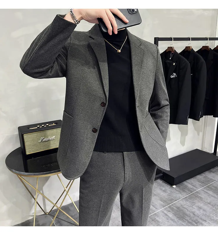 Men's Two-Piece Woolen Casual Suit Set - Korean & British Style Slim Fit for Spring/Autumn showcase 12