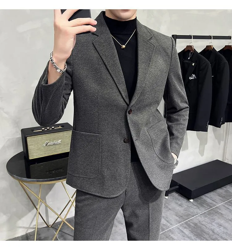 Men's Two-Piece Woolen Casual Suit Set - Korean & British Style Slim Fit for Spring/Autumn showcase 9