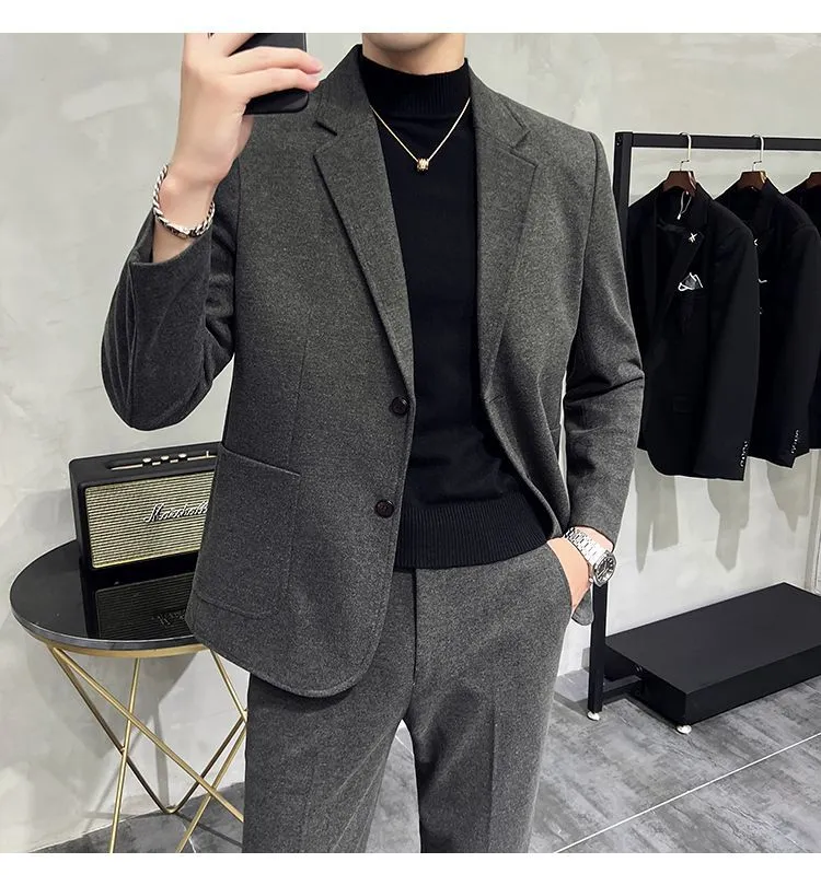 Men's Two-Piece Woolen Casual Suit Set - Korean & British Style Slim Fit for Spring/Autumn showcase 13