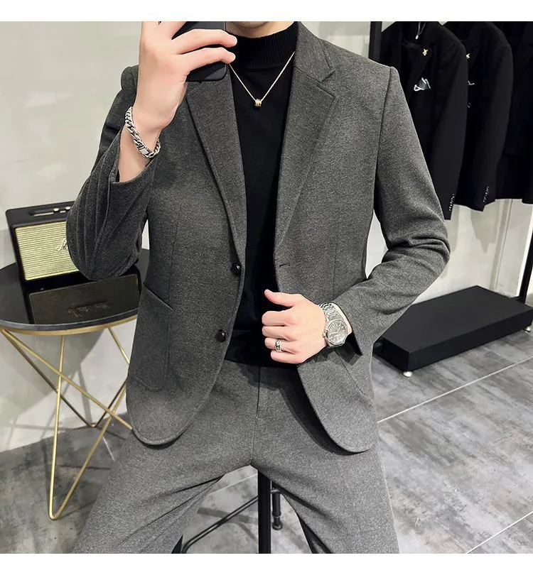 Men's Two-Piece Woolen Casual Suit Set - Korean & British Style Slim Fit for Spring/Autumn showcase 15