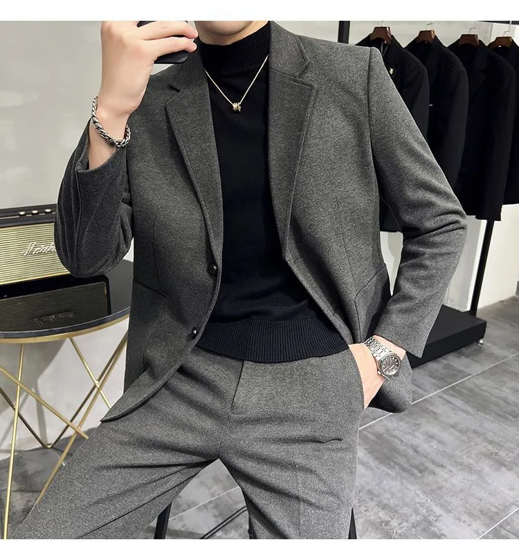 Men's Two-Piece Woolen Casual Suit Set - Korean & British Style Slim Fit for Spring/Autumn showcase 17
