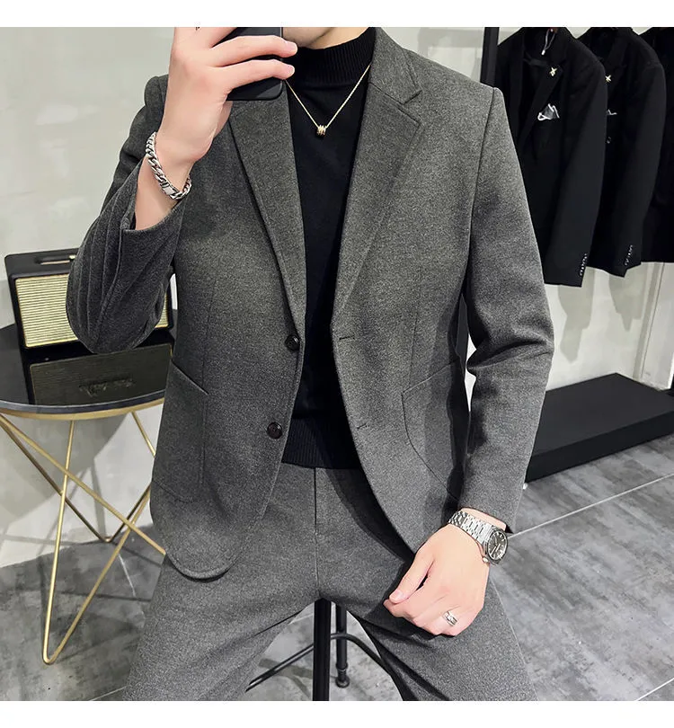 Men's Two-Piece Woolen Casual Suit Set - Korean & British Style Slim Fit for Spring/Autumn showcase 14