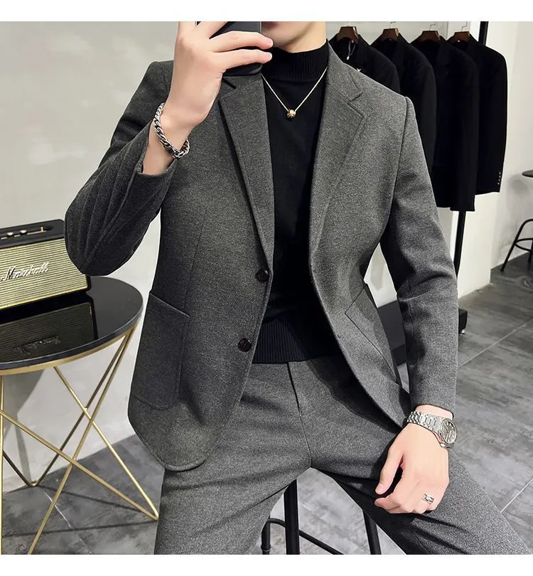 Men's Two-Piece Woolen Casual Suit Set - Korean & British Style Slim Fit for Spring/Autumn showcase 16