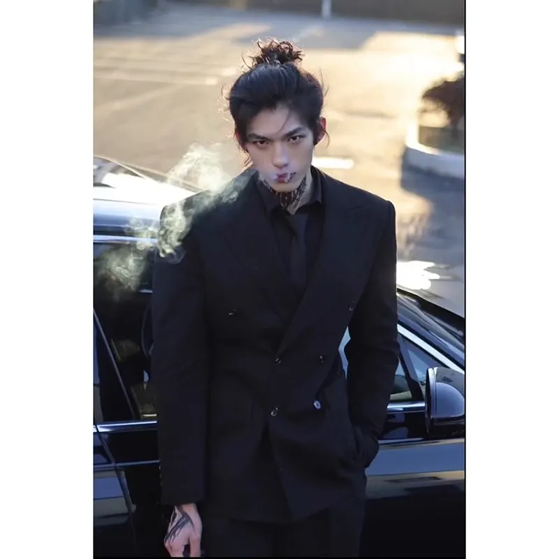 Men's Black Double-Breasted Suit Jacket - High-End Formal & Casual Slim Fit Blazer for Spring thumbnail 1