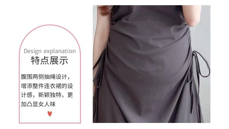 Maternity Summer Dress Short Sleeve Drawstring Mid-Length Korean Fashion Loose Slimming T-Shirt Style for Pregnant Women showcase 7