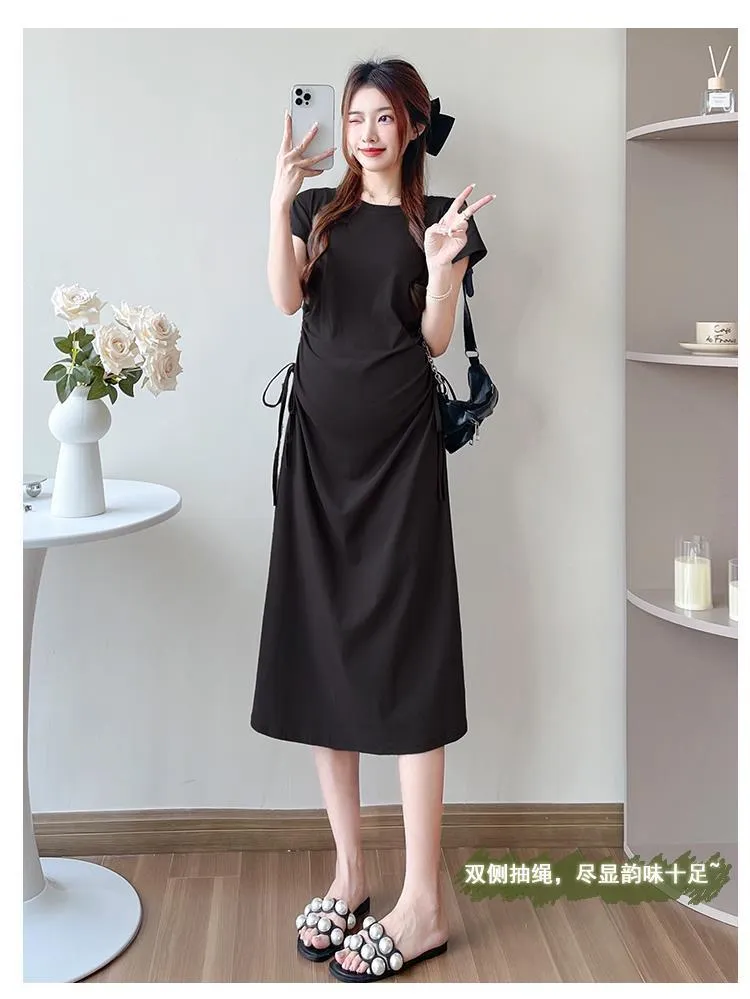 Maternity Summer Dress Short Sleeve Drawstring Mid-Length Korean Fashion Loose Slimming T-Shirt Style for Pregnant Women showcase 3