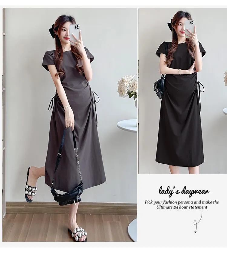 Maternity Summer Dress Short Sleeve Drawstring Mid-Length Korean Fashion Loose Slimming T-Shirt Style for Pregnant Women showcase 2