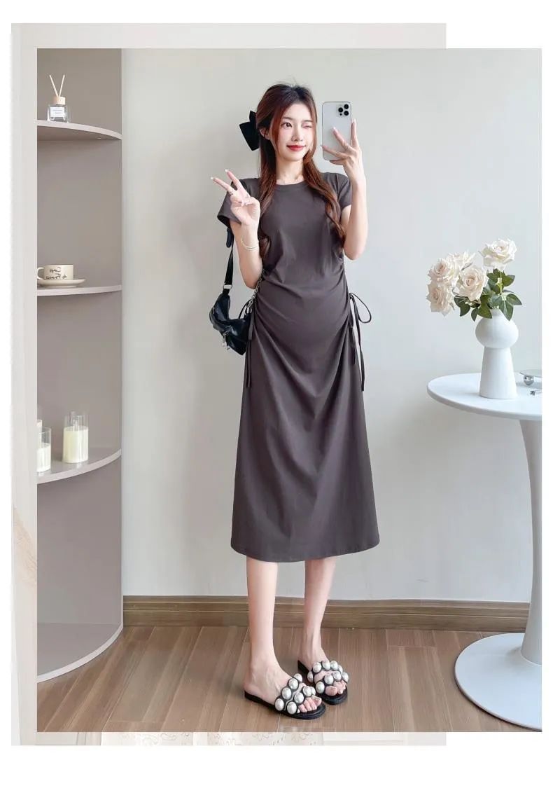 Maternity Summer Dress Short Sleeve Drawstring Mid-Length Korean Fashion Loose Slimming T-Shirt Style for Pregnant Women showcase 12