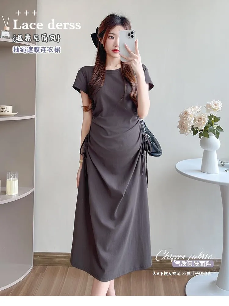 Maternity Summer Dress Short Sleeve Drawstring Mid-Length Korean Fashion Loose Slimming T-Shirt Style for Pregnant Women showcase 1