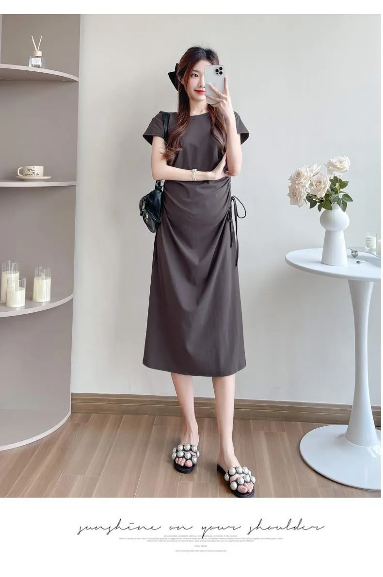 Maternity Summer Dress Short Sleeve Drawstring Mid-Length Korean Fashion Loose Slimming T-Shirt Style for Pregnant Women showcase 14