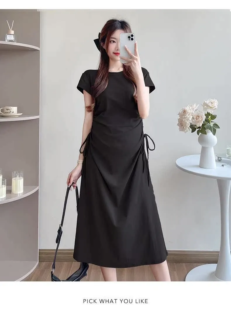 Maternity Summer Dress Short Sleeve Drawstring Mid-Length Korean Fashion Loose Slimming T-Shirt Style for Pregnant Women showcase 20