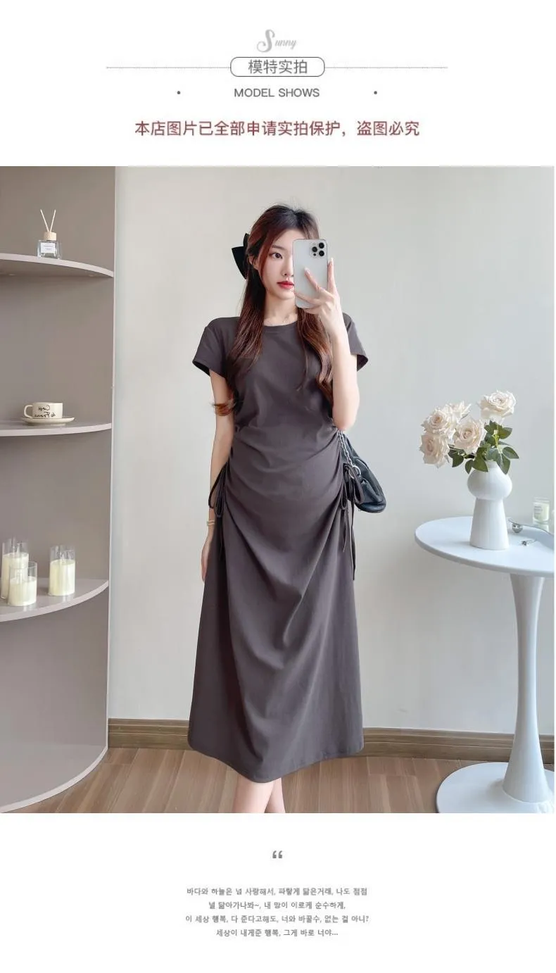 Maternity Summer Dress Short Sleeve Drawstring Mid-Length Korean Fashion Loose Slimming T-Shirt Style for Pregnant Women showcase 10