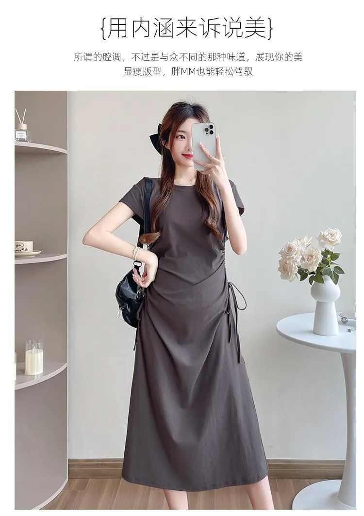 Maternity Summer Dress Short Sleeve Drawstring Mid-Length Korean Fashion Loose Slimming T-Shirt Style for Pregnant Women showcase 4