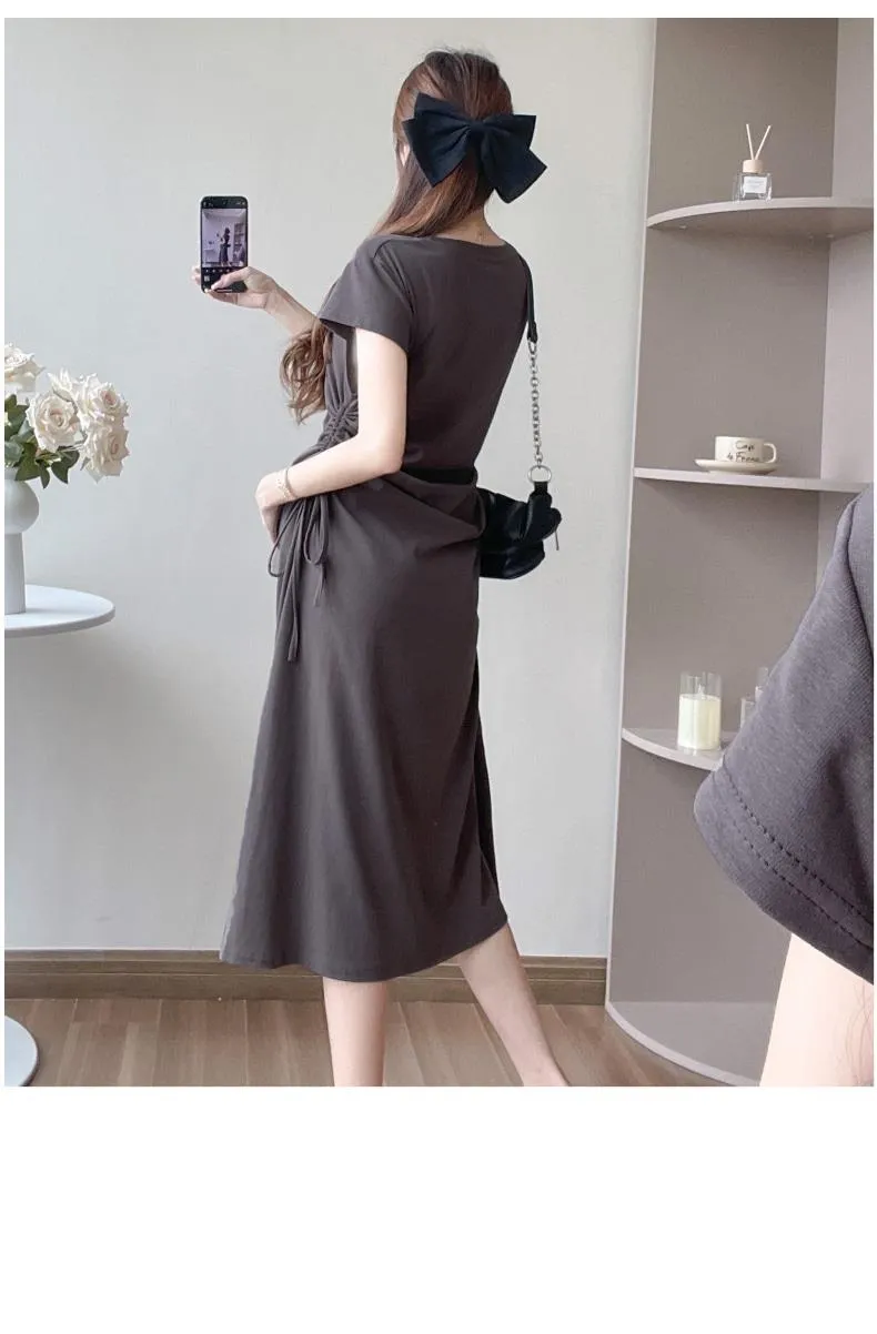 Maternity Summer Dress Short Sleeve Drawstring Mid-Length Korean Fashion Loose Slimming T-Shirt Style for Pregnant Women showcase 19