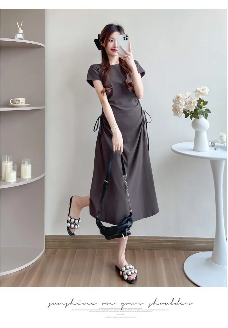 Maternity Summer Dress Short Sleeve Drawstring Mid-Length Korean Fashion Loose Slimming T-Shirt Style for Pregnant Women showcase 11