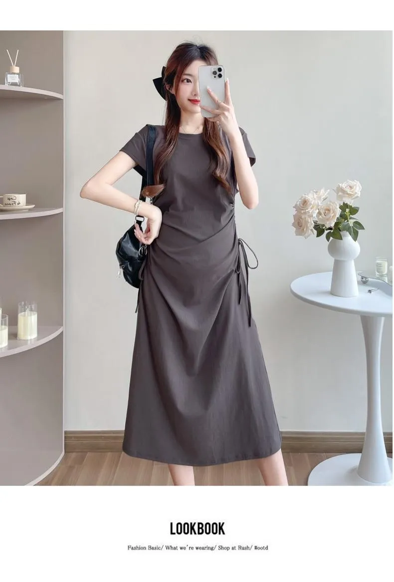 Maternity Summer Dress Short Sleeve Drawstring Mid-Length Korean Fashion Loose Slimming T-Shirt Style for Pregnant Women showcase 13