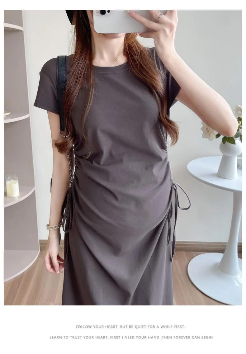 Maternity Summer Dress Short Sleeve Drawstring Mid-Length Korean Fashion Loose Slimming T-Shirt Style for Pregnant Women showcase 18