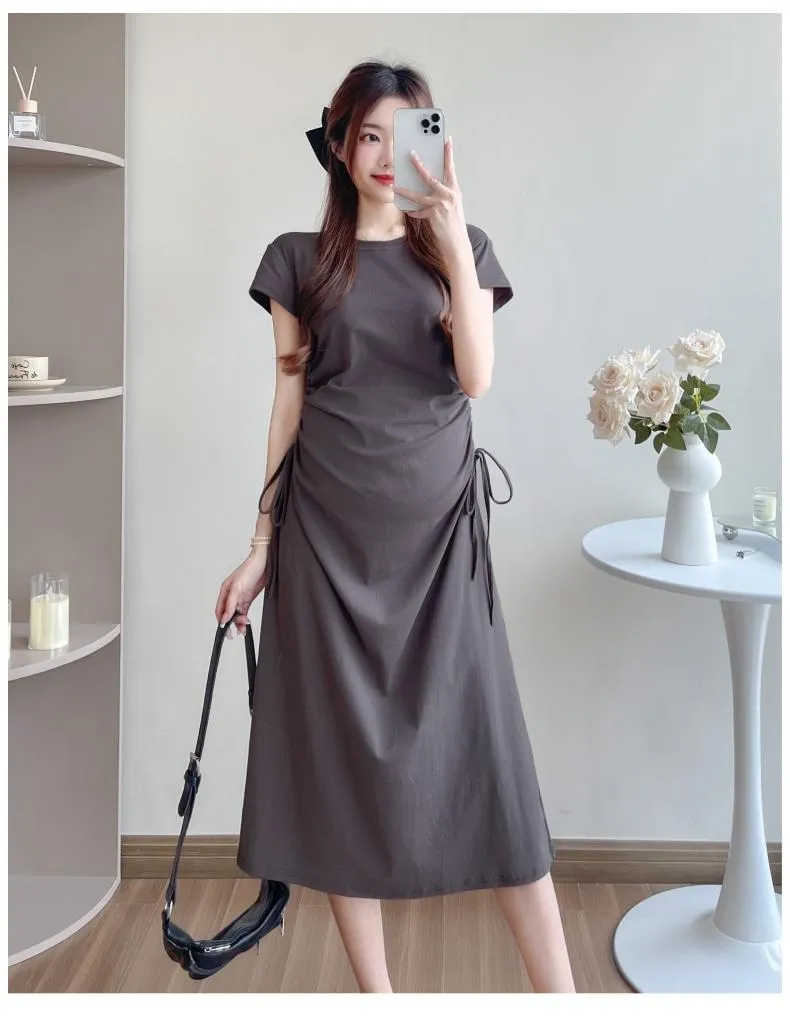 Maternity Summer Dress Short Sleeve Drawstring Mid-Length Korean Fashion Loose Slimming T-Shirt Style for Pregnant Women showcase 15