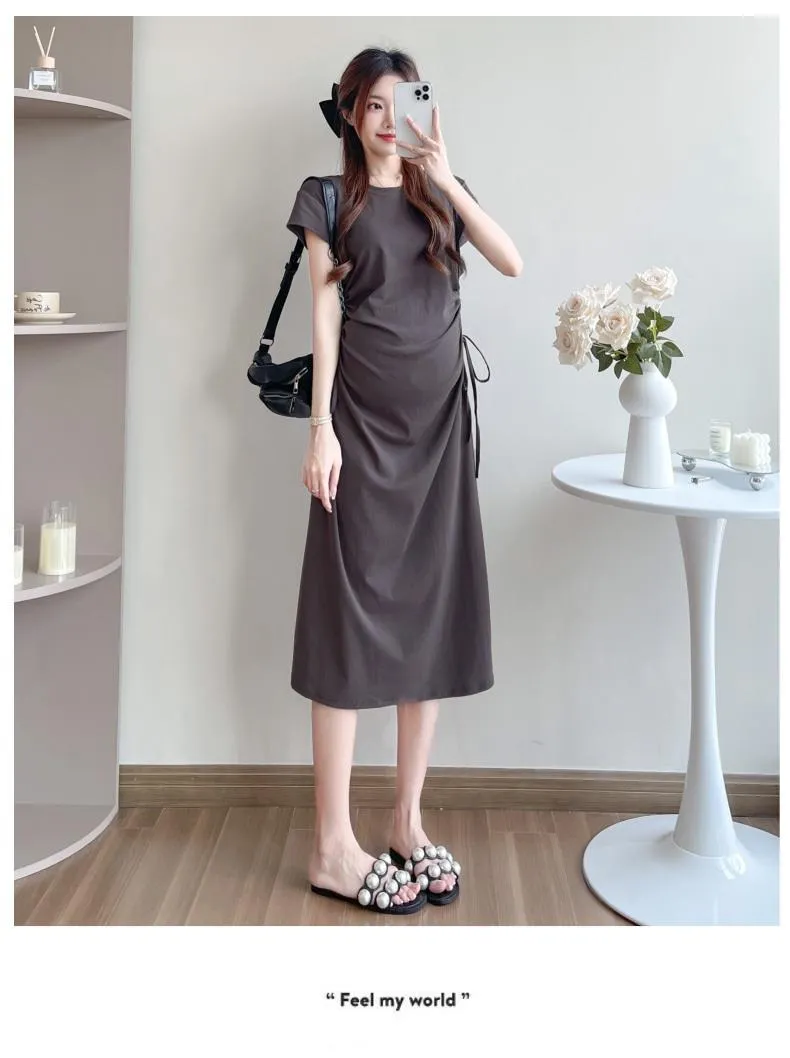 Maternity Summer Dress Short Sleeve Drawstring Mid-Length Korean Fashion Loose Slimming T-Shirt Style for Pregnant Women showcase 17