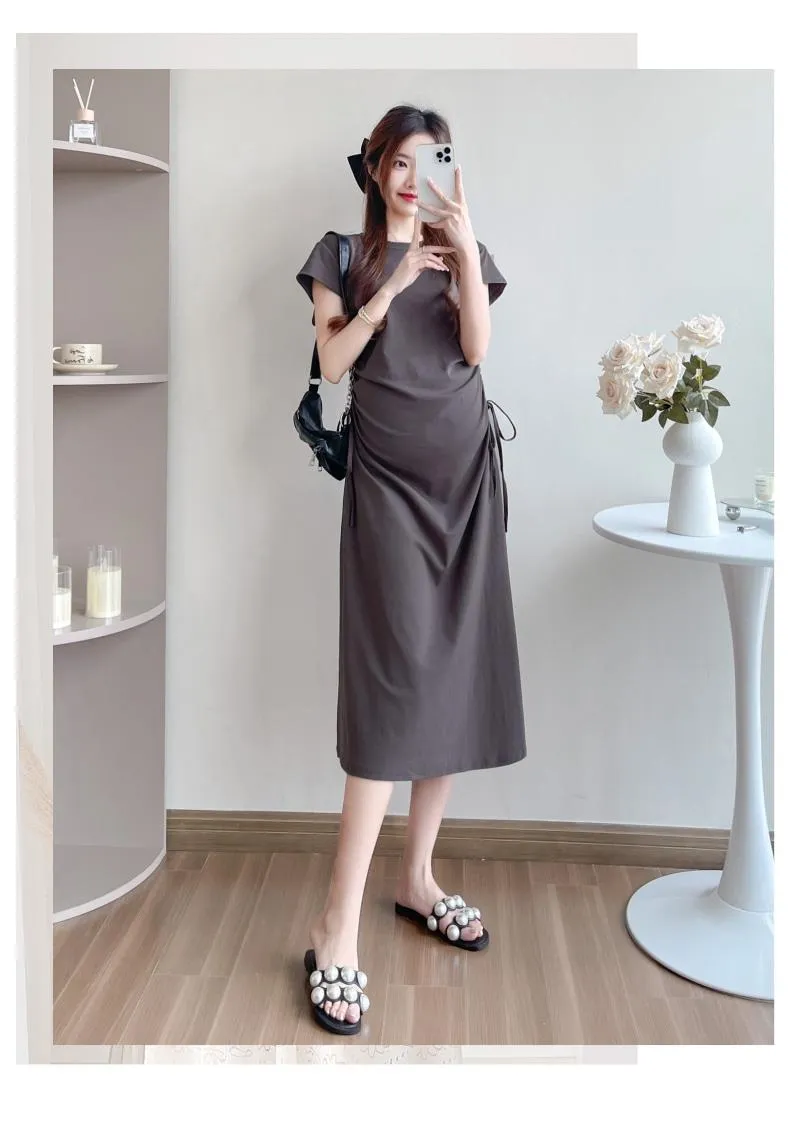 Maternity Summer Dress Short Sleeve Drawstring Mid-Length Korean Fashion Loose Slimming T-Shirt Style for Pregnant Women showcase 16
