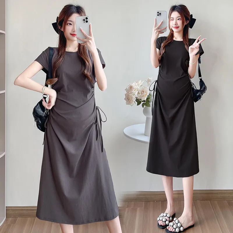 Maternity Summer Dress Short Sleeve Drawstring Mid-Length Korean Fashion Loose Slimming T-Shirt Style for Pregnant Women thumbnail 3