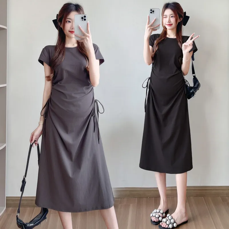 Maternity Summer Dress Short Sleeve Drawstring Mid-Length Korean Fashion Loose Slimming T-Shirt Style for Pregnant Women thumbnail 1