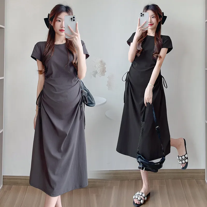 Maternity Summer Dress Short Sleeve Drawstring Mid-Length Korean Fashion Loose Slimming T-Shirt Style for Pregnant Women thumbnail 2