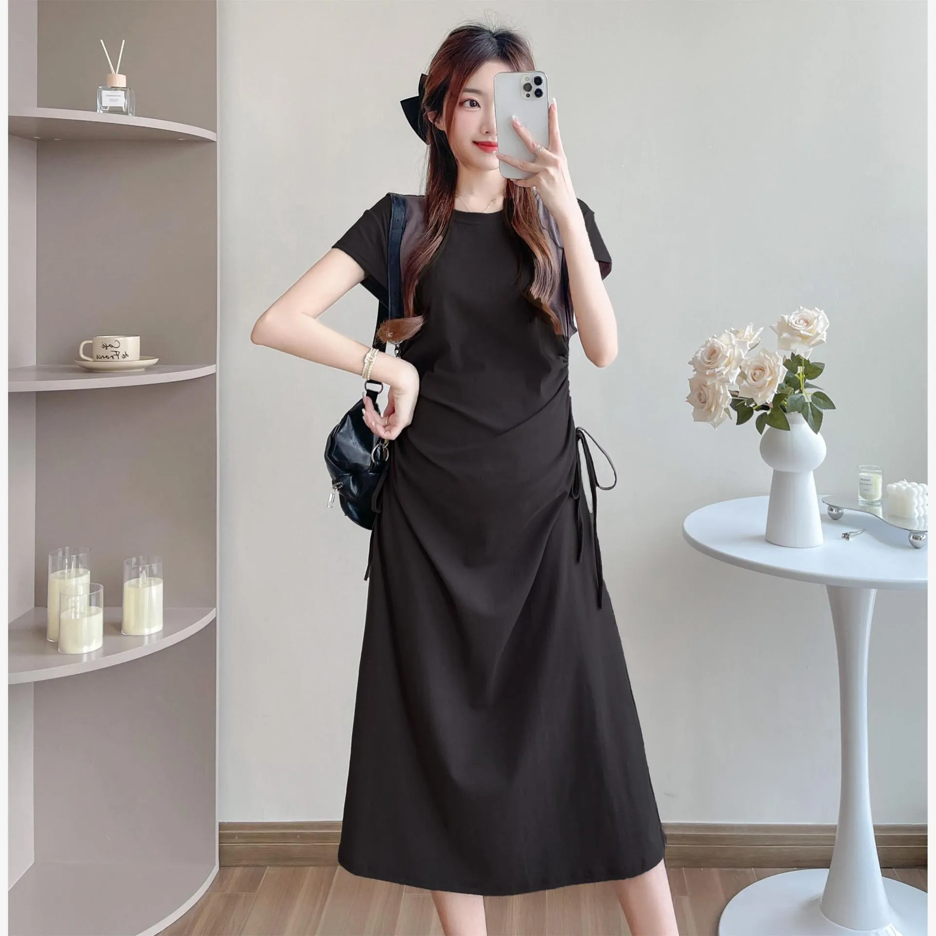 Maternity Summer Dress Short Sleeve Drawstring Mid-Length Korean Fashion Loose Slimming T-Shirt Style for Pregnant Women thumbnail 6