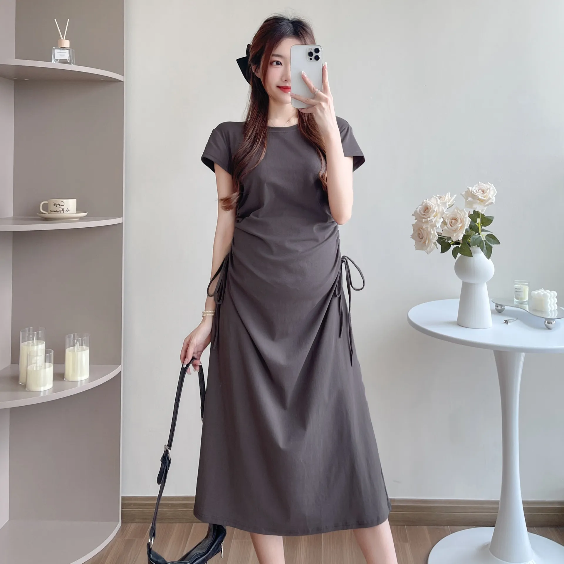Maternity Summer Dress Short Sleeve Drawstring Mid-Length Korean Fashion Loose Slimming T-Shirt Style for Pregnant Women thumbnail 7
