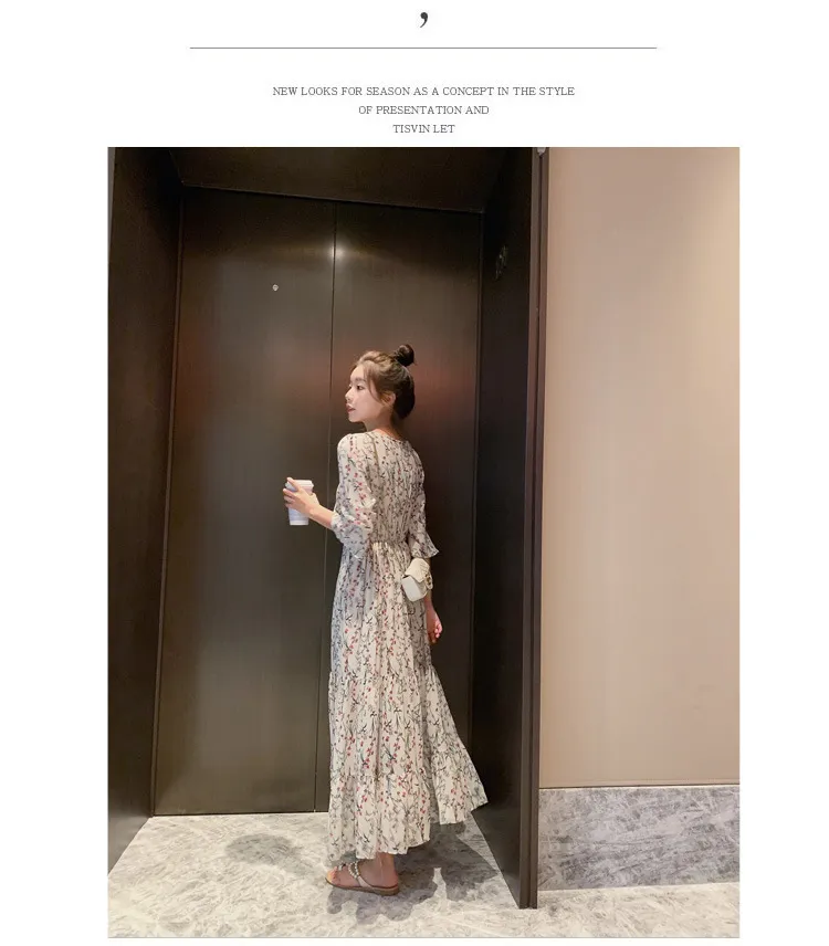 2026 New Summer Chiffon Floral V-Neck Long Dress - High-Waisted Slimming Five-Quarter Sleeve Fairy Style for Women showcase 5