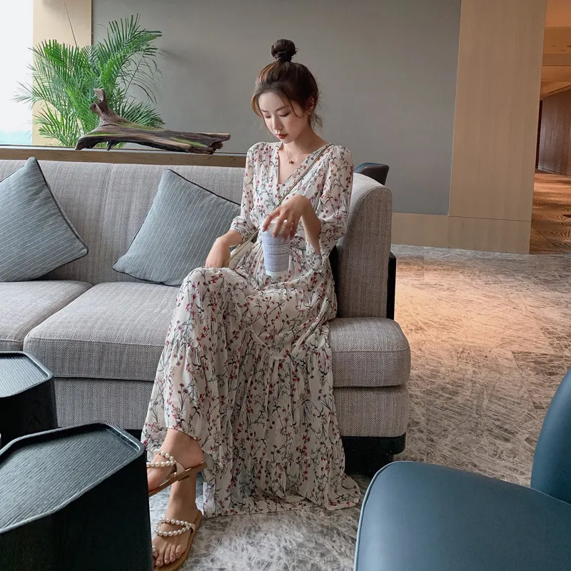 2026 New Summer Chiffon Floral V-Neck Long Dress - High-Waisted Slimming Five-Quarter Sleeve Fairy Style for Women thumbnail 1
