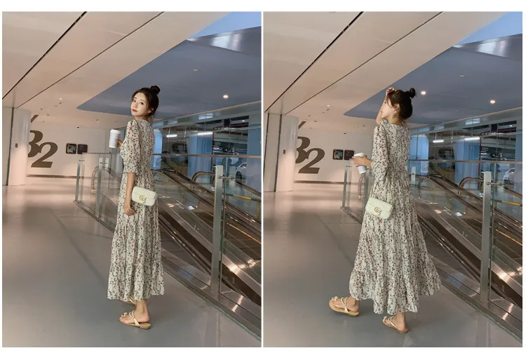 2026 New Summer Chiffon Floral V-Neck Long Dress - High-Waisted Slimming Five-Quarter Sleeve Fairy Style for Women showcase 8