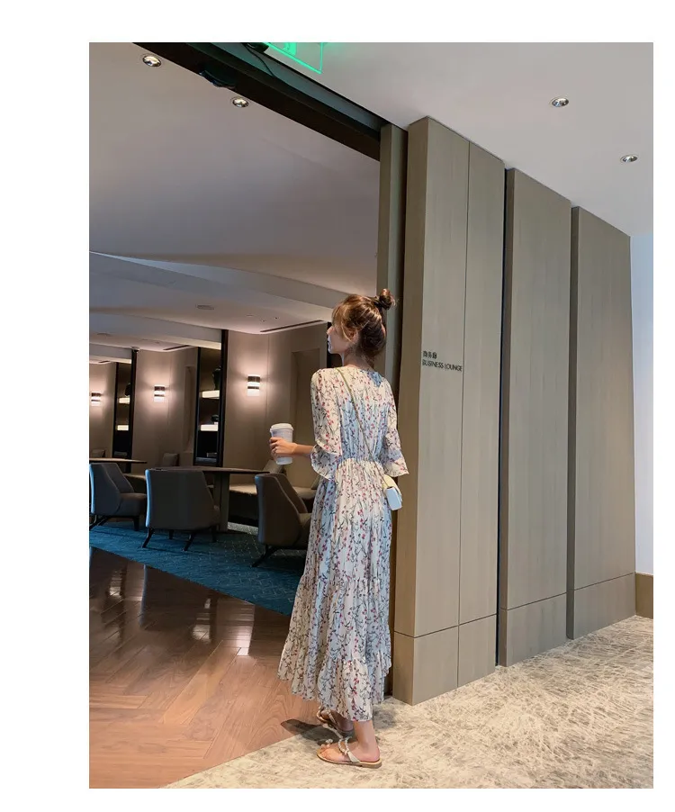 2026 New Summer Chiffon Floral V-Neck Long Dress - High-Waisted Slimming Five-Quarter Sleeve Fairy Style for Women showcase 2
