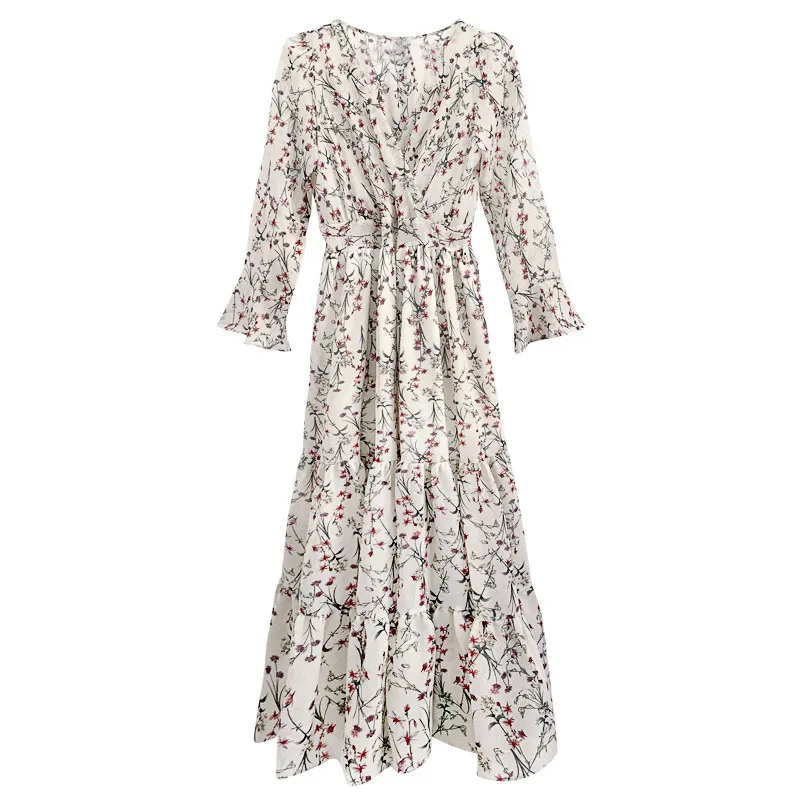 2026 New Summer Chiffon Floral V-Neck Long Dress - High-Waisted Slimming Five-Quarter Sleeve Fairy Style for Women thumbnail 5