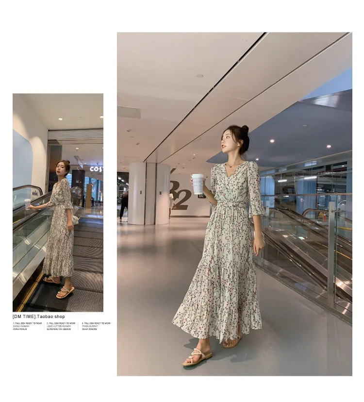 2026 New Summer Chiffon Floral V-Neck Long Dress - High-Waisted Slimming Five-Quarter Sleeve Fairy Style for Women showcase 11
