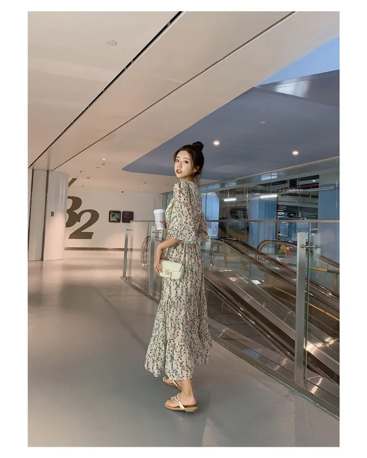 2026 New Summer Chiffon Floral V-Neck Long Dress - High-Waisted Slimming Five-Quarter Sleeve Fairy Style for Women showcase 10