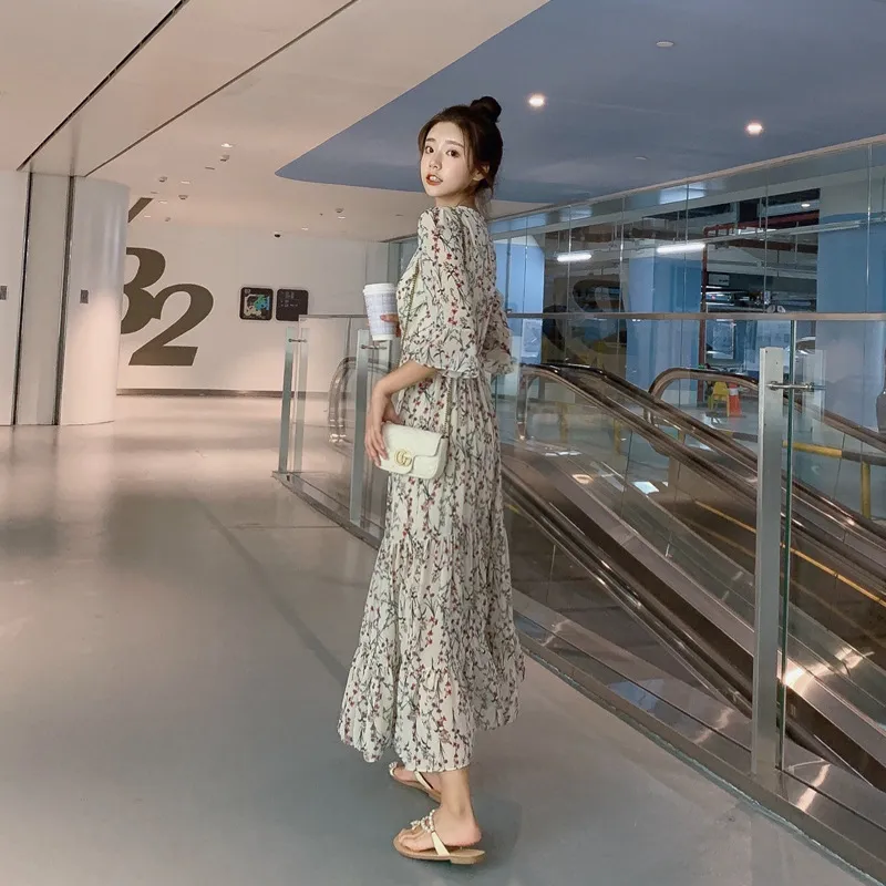 2026 New Summer Chiffon Floral V-Neck Long Dress - High-Waisted Slimming Five-Quarter Sleeve Fairy Style for Women thumbnail 3