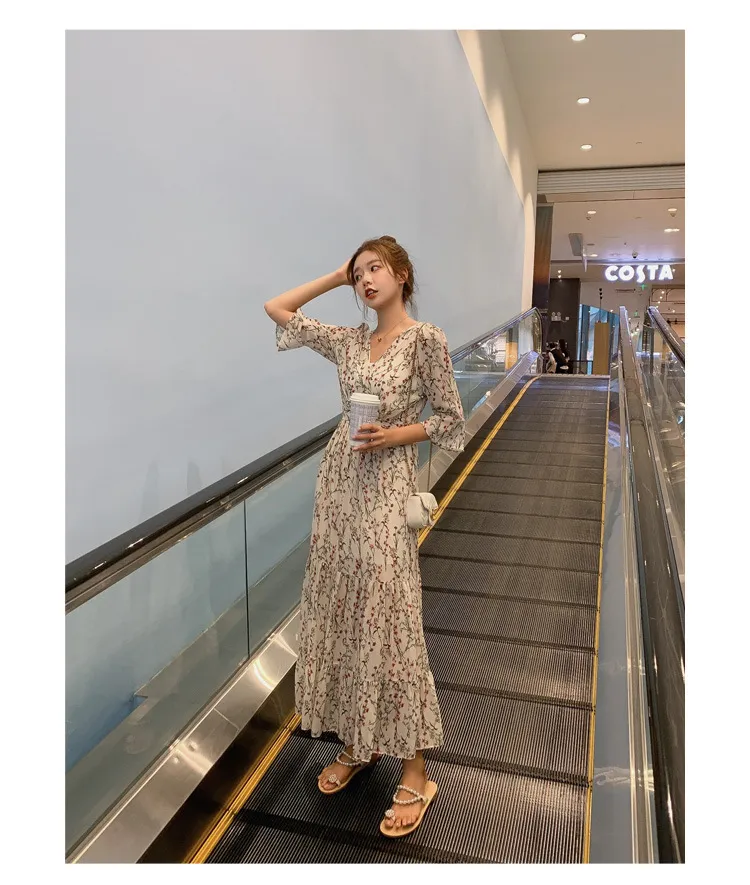 2026 New Summer Chiffon Floral V-Neck Long Dress - High-Waisted Slimming Five-Quarter Sleeve Fairy Style for Women showcase 12