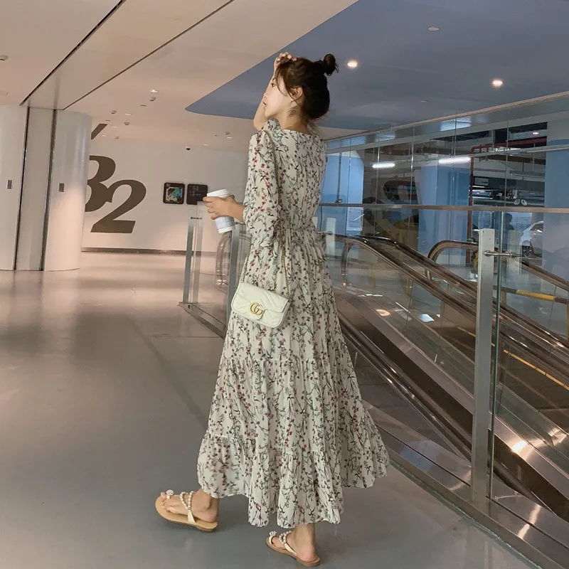 2026 New Summer Chiffon Floral V-Neck Long Dress - High-Waisted Slimming Five-Quarter Sleeve Fairy Style for Women thumbnail 4