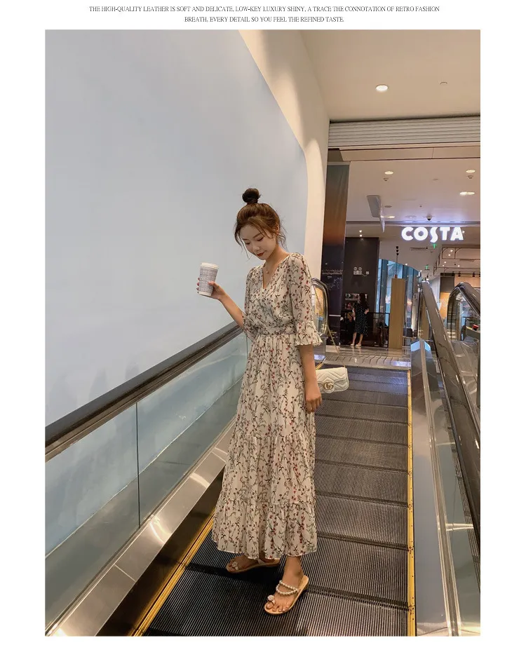 2026 New Summer Chiffon Floral V-Neck Long Dress - High-Waisted Slimming Five-Quarter Sleeve Fairy Style for Women showcase 13