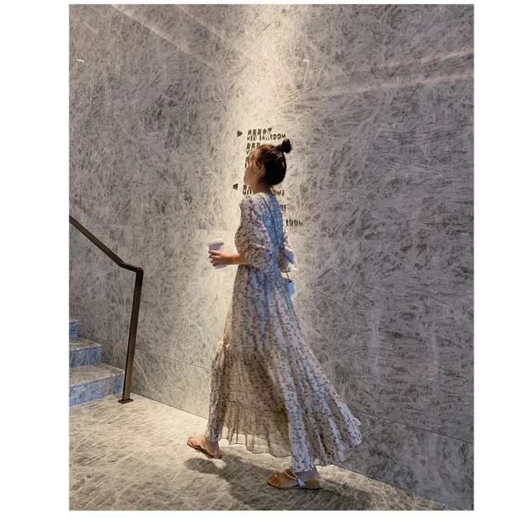 2026 New Summer Chiffon Floral V-Neck Long Dress - High-Waisted Slimming Five-Quarter Sleeve Fairy Style for Women showcase 6