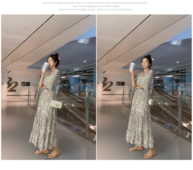 2026 New Summer Chiffon Floral V-Neck Long Dress - High-Waisted Slimming Five-Quarter Sleeve Fairy Style for Women showcase 9