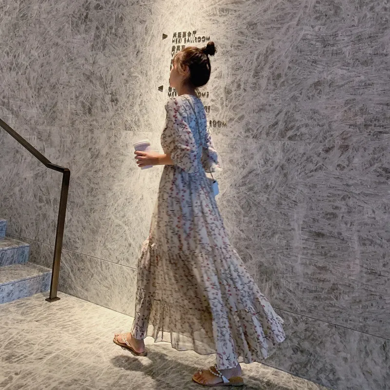 2026 New Summer Chiffon Floral V-Neck Long Dress - High-Waisted Slimming Five-Quarter Sleeve Fairy Style for Women thumbnail 2
