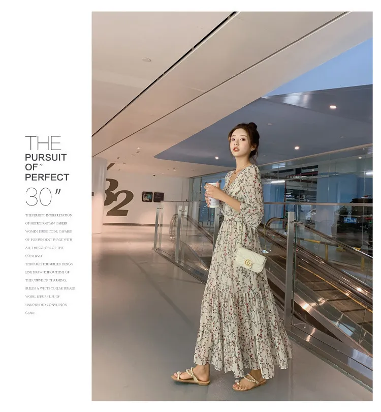 2026 New Summer Chiffon Floral V-Neck Long Dress - High-Waisted Slimming Five-Quarter Sleeve Fairy Style for Women showcase 7