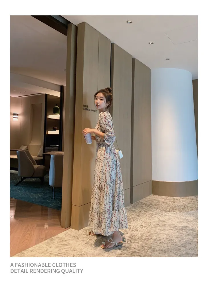 2026 New Summer Chiffon Floral V-Neck Long Dress - High-Waisted Slimming Five-Quarter Sleeve Fairy Style for Women showcase 3