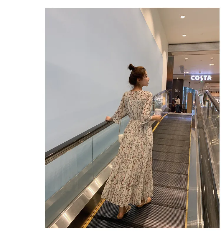 2026 New Summer Chiffon Floral V-Neck Long Dress - High-Waisted Slimming Five-Quarter Sleeve Fairy Style for Women showcase 14