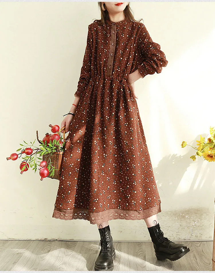 Spring Autumn Women's Retro Floral Lace Trim Long Dress - Slimming Waist-Cinching, Loose Fit, Plus Size Elegant Maxi Dress for Fashionable Ladies showcase 9