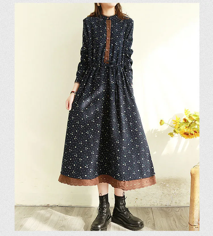 Spring Autumn Women's Retro Floral Lace Trim Long Dress - Slimming Waist-Cinching, Loose Fit, Plus Size Elegant Maxi Dress for Fashionable Ladies showcase 15
